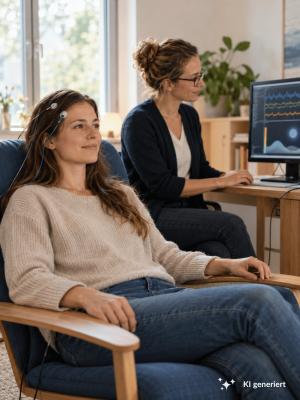 Eine Frau erhält eine Neurofeedback Behandlung in einer Arztpraxis.